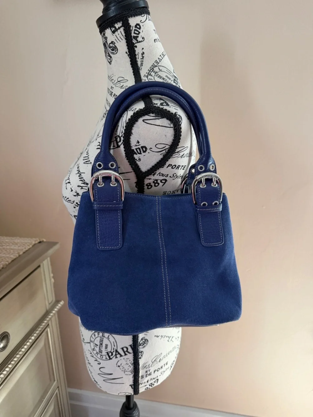 Tiganello Classic Navy Suede Top-Handle Women's Handbag Satchel Leather Bag - Picture 1 of 10